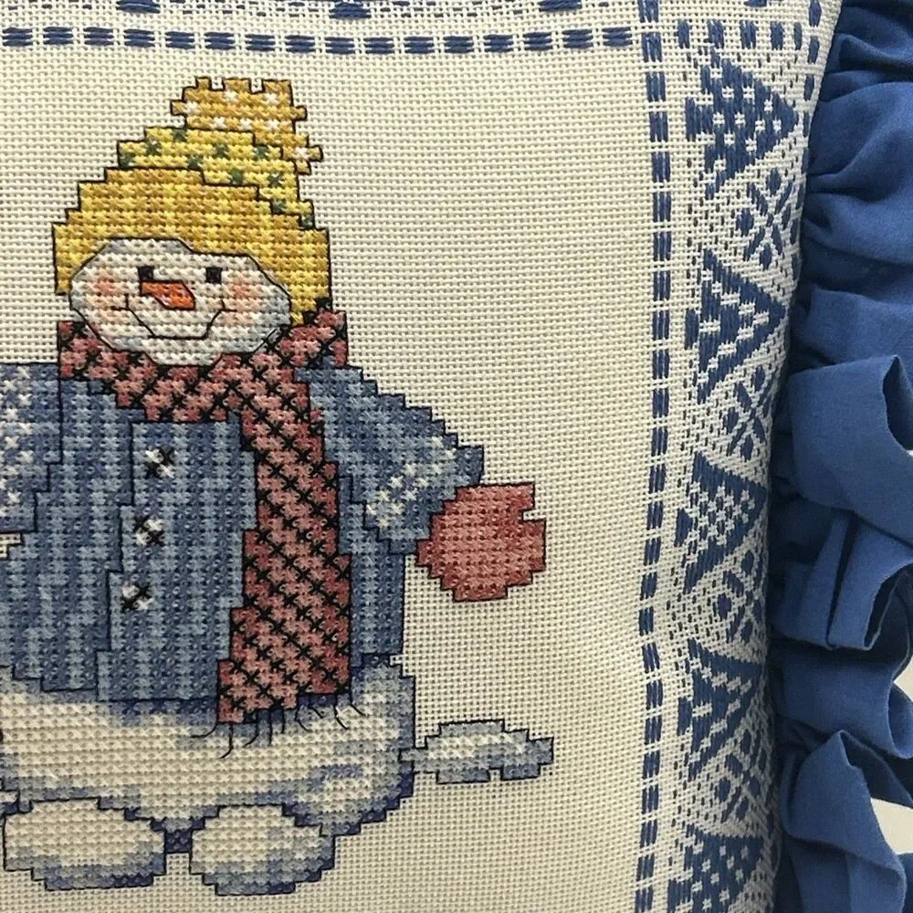 Vintage Handmade Snowman‎ With Broomstick Cross Stitch Throw Pillow EUC